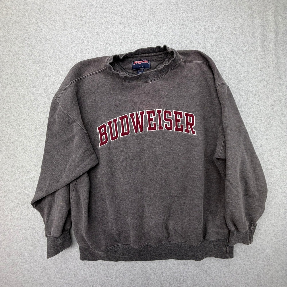 Vintage Jansport Budweiser Crewneck Sweatshirt Faded Black Mens Large Beer Logo